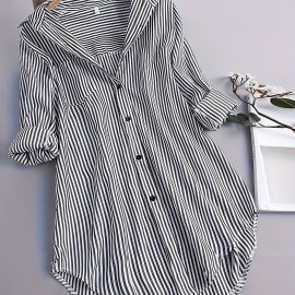 Stripe Print Polo Collar Button Shirt, Casual Long Sleeve Shirt For Spring & Fall, Women's Clothing
