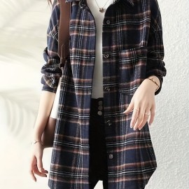 Plaid Print Button Front Shirt, Elegant Long Sleeve Lapel Shirt, Women's Clothing