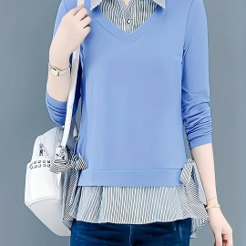 Striped Print Faux Twinset Blouse, Casual Long Sleeve Knot Hem Blouse For Spring & Fall, Women's Clothing