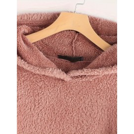 Cat & Butterfly Print Teddy Hoodie, Casual Long Sleeve Kangaroo Pocket Hoodie Sweatshirt, Women's Clothing