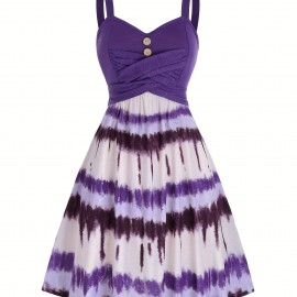 Tie Dye Print Fake Button Dress, Casual Sleeveless Backless For Summer, Women's Clothing
