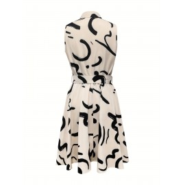 Abstract Print Button Front Sleeveless Dress, Casual Tie-waist Lapel Dress For Spring & Summer, Women's Clothing
