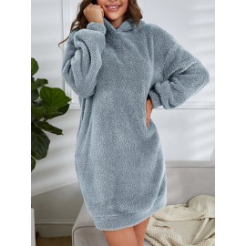 Hooded Teddy Dress, Casual Long Sleeve Simple Warm Dress, Women's Clothing
