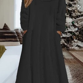 Teddy Hooded Dress, Casual Long Sleeve Winter Warm Dress, Women's Clothing