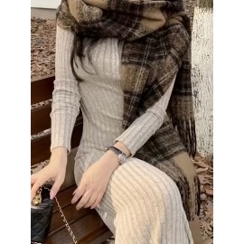Ribbed V Neck Dress, Casual Long Sleeve Dress For Fall & Winter, Women's Clothing