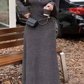 Ribbed V Neck Dress, Casual Long Sleeve Dress For Fall & Winter, Women's Clothing