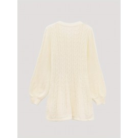 Solid Cable V Neck Sweater Dress, Casual Long Sleeve A Line Dress, Women's Clothing