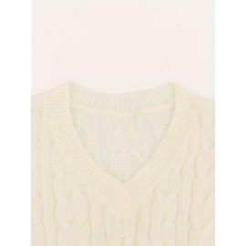 Solid Cable V Neck Sweater Dress, Casual Long Sleeve A Line Dress, Women's Clothing