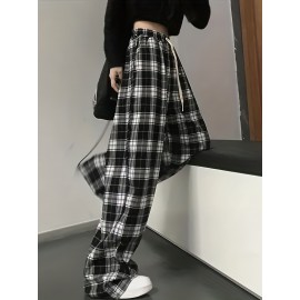 Plaid Drawstring Straight Leg Pants, Casual Loose Pants For Spring & Fall, Women's Clothing