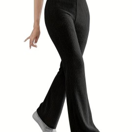 Solid Ribbed Knit Wide-Leg Pants, Causal High Waist Pants For Spring & Fall, Women's Clothing