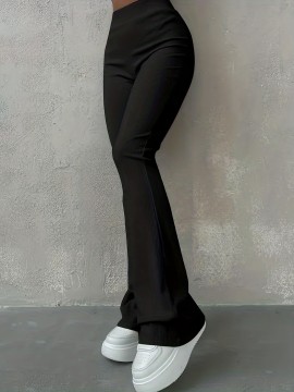 Solid Ribbed Flare Leg Pants, High Waist Slim Elastic Pants, Women's Clothing