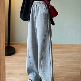 Solid Elastic High Waist Sweatpants, Casual Sporty Wide Leg Pants With Pocket, Women's Clothing
