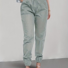 Solid Drawstring Patched Pockets Pants, Casual Sporty Pants For Spring & Summer, Women's Clothing