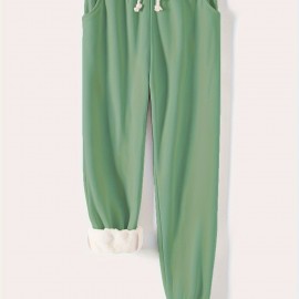Solid Drawstring Thermal Sweatpants, Versatile Loose Comfy Jogger Pants, Women's Clothing