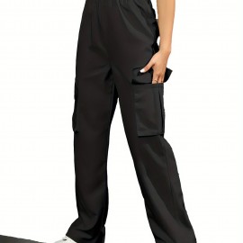 Straight Leg Cargo Pants, Y2K High Waist Solid Pants For Spring & Fall, Women's Clothing